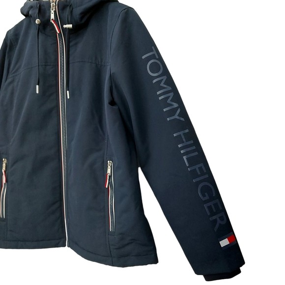Tommy Hilfiger Jacket Womens Medium Navy Hooded Soft Shell Fleece Lined - Picture 3 of 12